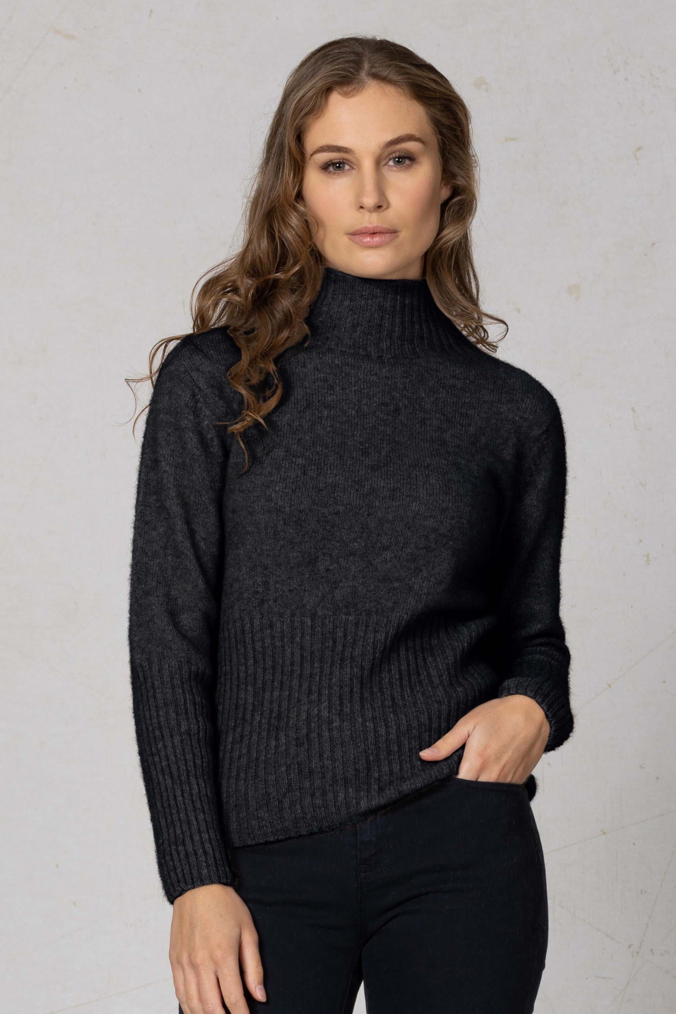 Noble Wilde Rib Turtle Neck Sweater in Charcoal Wools of Wanaka