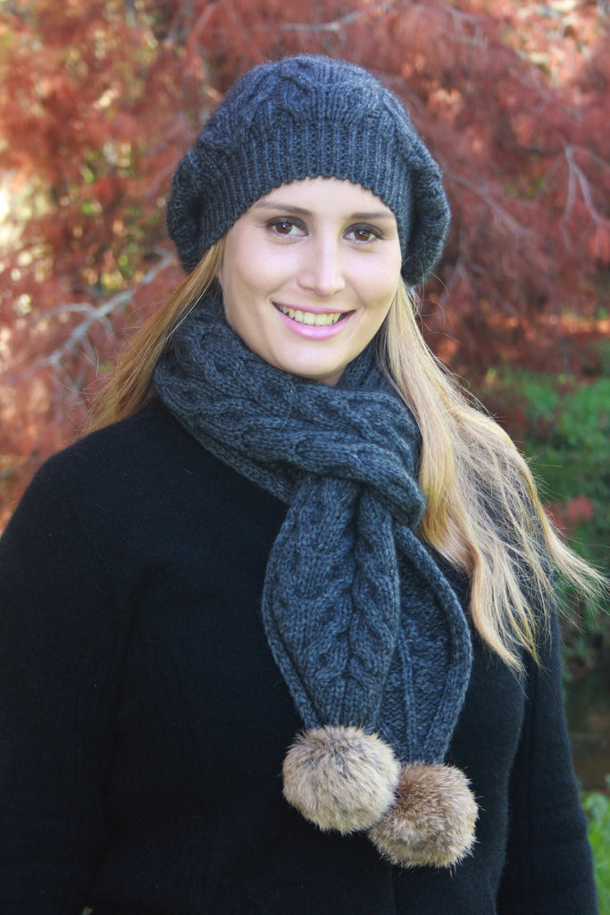 Cable Scarf in Charcoal, 100% New Zealand Made Merino Wool & Possum Fur Knitwear