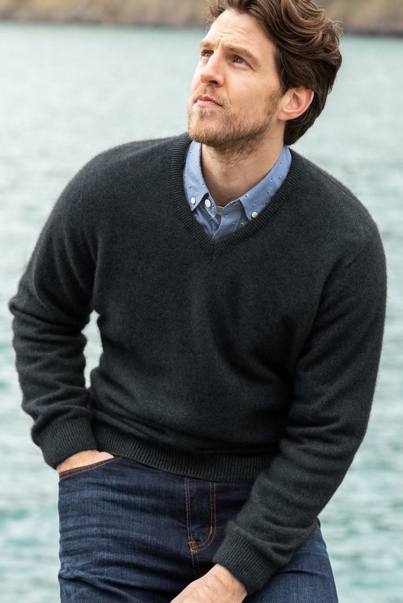 Noble Wilde Oxford V Sweater in Merino Wool Possum Fur