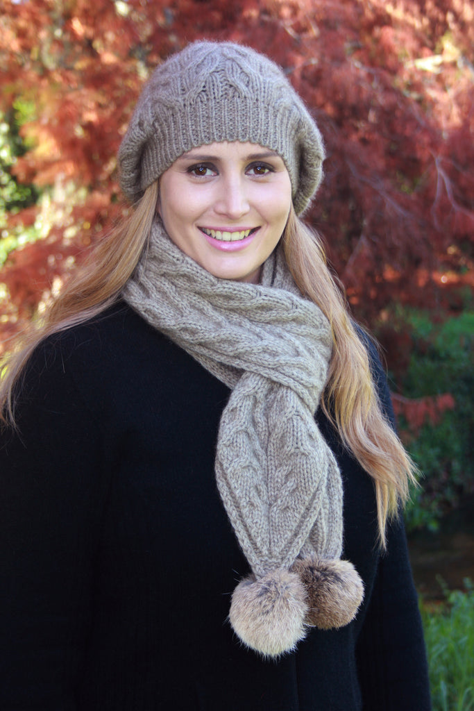 Cable Scarf in Natural, 100% New Zealand Made Merino Wool & Possum Fur Knitwear